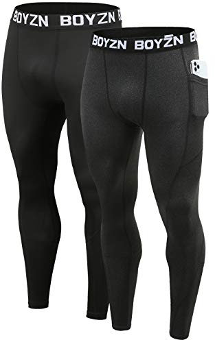 Boyzn 2er Pack Kompressionshose Herren, Sport Leggings Männer Atmungsaktiv Fitness Strumpfhosen, Funktionswäsche Tight Lang Unterhose, Laufhose Trainingstights mit Taschen Black/Carbon(Pocket)-S