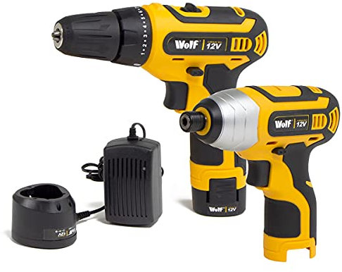 Drill & Impact Driver 12V Cordless Variable Speed 10mm Keyless Chuck 17+1 Torque Forward & Reverse Control 1500RPM 2300RPM Wolf Twin Pack with Li-Ion Battery & Charger
