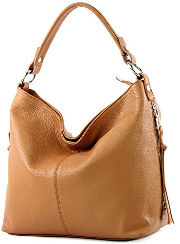 modamoda de T160 Damen Leder Schultertasche Henkeltasche Large handmade in Italy, Farbe:Camel2021