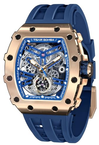 TSAR BOMBA Luxus Herren Automatik Mechanische Uhr Kohlefaser/Gehäuse aus Keramik/Fluorkautschuk/Tonneau-Uhr/Leuchtend/Elegante Geschenke für Männer