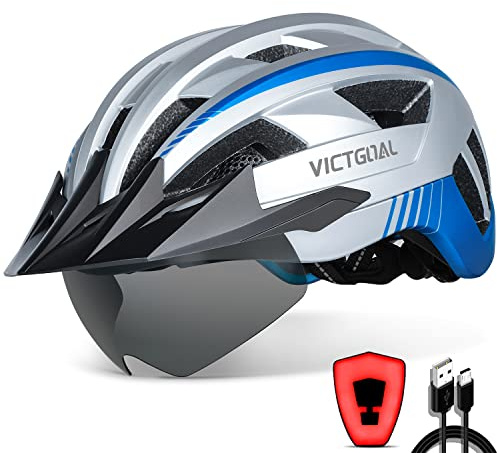 VICTGOAL Fahrradhelm Herren Damen mit Visier, USB Rücklicht, Magnetbrille