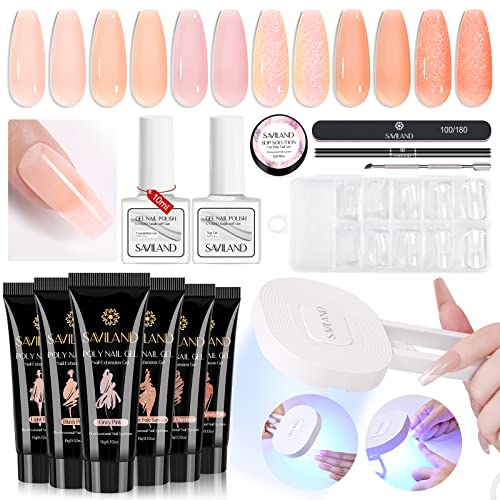 Saviland Poly Gel Starter Set: Dauerhaft 6 Farben Poly Gel Set mit U V Lampe für Gelnägel Slip Solution Top Gels Nail Tips Gel Nail Set für Nagelverlängerung Nägel Selber Machen, Nackt Rosa