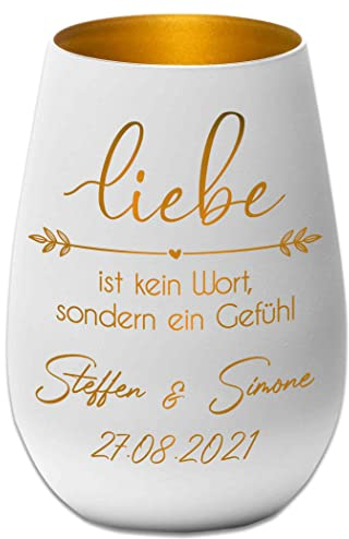 Hochzeitsgeschenk - Windlicht - Liebe ist kein Wort sondern EIN Gefühl - Weiß/Gold - personalisierbar - Gravur Namen und Datum - Liebe - Valentinstag - Jahrestag