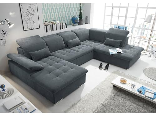 Wohnlandschaft mit verstellbaren Kopfstützen und Schlaffunktion in anthrazit | Sofa in U-Form mit Bettkasten rechts
