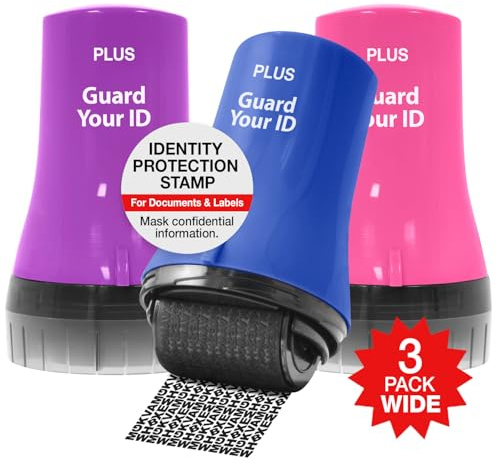 Wide Advanced ID Roller Stamp by Guard Your ID, Privacy Protection and Identity Theft Prevention, As Seen on TV (3-Pack, Blue, Pink, Purple)