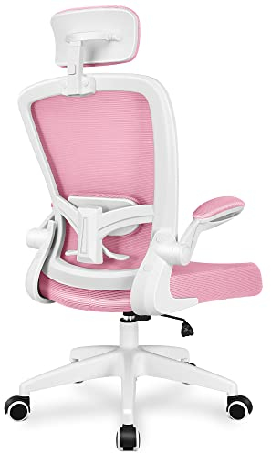 FelixKing bürostuhl, Schreibtischstuhl aus Mesh mit Hochklappbaren Armlehnen, office chair mit Verstellbarer Kopfstütze, Lendenwirbelstütze, Hautfreundliche Netz-Hochlehne bürostuhl 300LB(Sakura rosa)