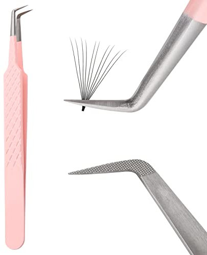 Eyelash Fiber Tip Tweezers - Stainless Steel Fan Making Lash Extension Tool for Professional Volume Lashes With Good Grip (90 Degree)