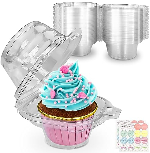 CoKeeSun 30 Stück Cupcake Transportbox Einzeln, Cupcake Box Transparent, Wiederverwendbare Muffin Transportbox mit Aufkleber, Klare Cupcake Box für Muffins, Salat, Käse, Kuchen