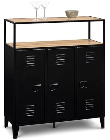 IDMarket – Mueble de bar aparador Ester con 3 puertas de metal negro y bandeja madera de haya