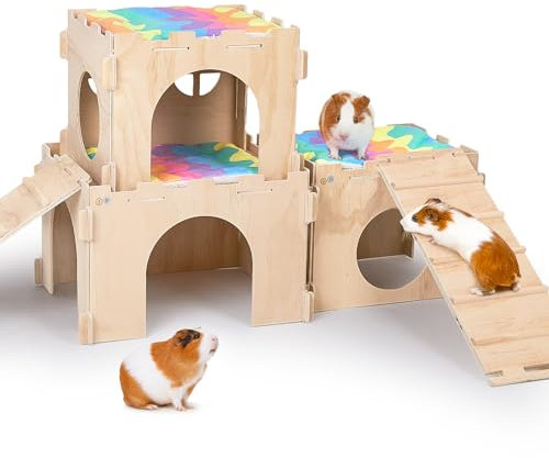 Meerschweinchenversteck Meerschweinchenhaus mit Treppe und Matten Extra großes Meerschweinchenschloss Abnehmbare Verstecke für Kleintiere Holz Meerschweinchen Lebensräume mit Mehreren Türen und