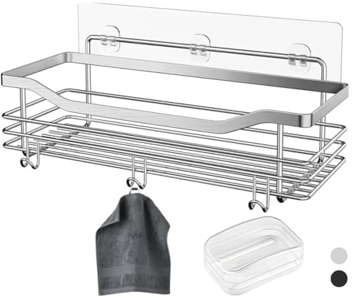 KRAMAZ Estanteria baño sin Taladro - Organizador baño Acero Inoxidable - Estanteria Ducha sin Taladro - Resistente al Oxido - Cesta Ducha - Incluye jabonera con Tapa y Toalla Gris pequeña.