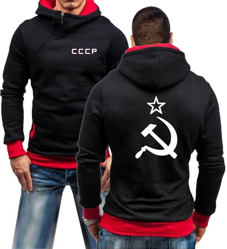 GLLUSA Farbblockierende Herren-Kapuzenpullover Für CCCP Mit Taschen Jacken Langarm-Sweatshirt Sportliche Oberteile Kapuzenpullover Mit Halbem Reißverschluss-Black Red||L