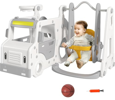 AIYAPLAY Portique Enfant Toboggan balançoire Bus avec Panier de Basket-Ball Aire de Jeux 4 en 1 Usage intérieur et extérieur 18-48 Mois Blanc Gris