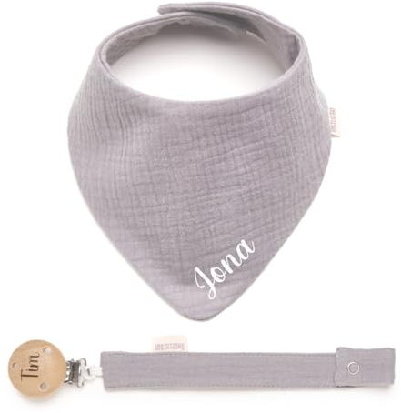 Personalisiertes Dreieckshalstuch aus Baumwolle/Musselin, Halstuch für Jungen, Mädchen, mit Druckknopfverschluss, in verschiedenen Farben mit Wunschnamen | Schnullerband mit Namen Set (Grau)
