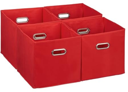 Relaxdays Aufbewahrungsbox 4er Set, Faltbare Regalboxen, HxBxT: 30 x 30 x 30 cm, mit Griffen, Faltboxen für Regale, rot