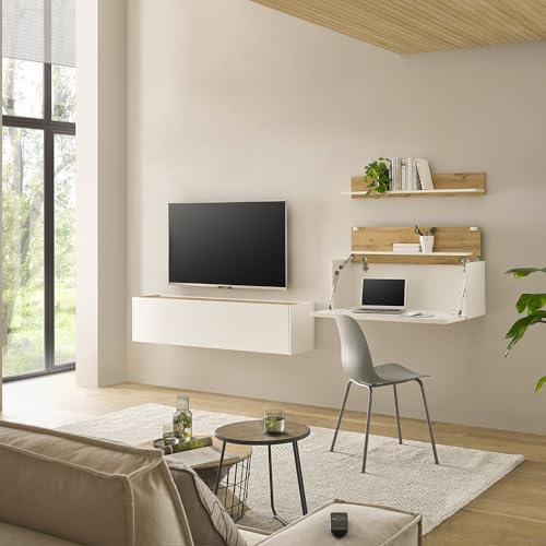 Lomadox Wohnwand mit Homeoffice-Lösung weiß mit Eiche 3-teilig modern, 1 TV-Hängeschrank, 1 Wandregal, 1 Hängesekretär