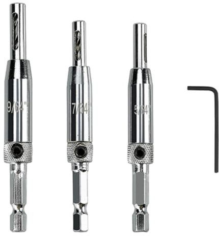 3 Pcs Upgrade Hinge Drill Bit Set Bring 1 Wrench, Self Centering Hinge Drill Bits Set, 1/4 Inch Hex Shank Drill Bit Guide Set, Pilot Hole Drill Bit for Door,Window,Woodworking(5/64, 7/64, 9/64)