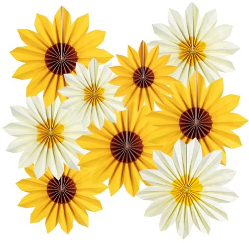 EASY JOY Sunflower Party Decorations 9Pcs Yellow Spring Paper Flowers Wall Decorations Sunflower Theme Hanging Fans for Spring Summer Birthday Baby Shower Party Supplies