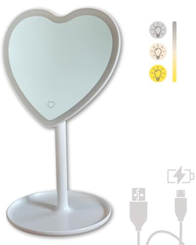 Heart Shaped Mirror with Lights and Storage Tray. Rechargeable for White Room Decor. Aesthetic Mirror for Makeup