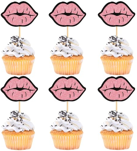 Cyodoos 24 PCS Glitter Pink lip Cupcake Toppers, Pink Glitter Girls Cupcake Toppers, Lip Cupcake Picks, Cake Topper for Wedding Bridal Shower Girls Party Cake Decorations Supplies