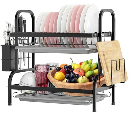 Mointal Escurreplatos, Escurridero Acero al Carbono de 2 Niveles Que Ahorra Espacio, Soporte para Platos de Cocina con Cuchillero de Utensilios, Estante para Tabla de Cortar, Bandejas de Goteo, Negro