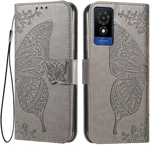 EASSGU Leder Handyhülle für TCL 501 (6 Inches) Flip-Folio Magnetische Hülle mit 3 Kartenfach, 1 Wallet, Sturzfeste, Kratzfeste Case - Grau