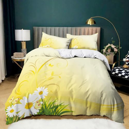 Srigzcaly Duvet Cover Set Ultra Soft Hypoallergenic Microfiber Plant White Daisy Bedding Set 3 Pcs with Zipper and 2 Pillowcases, Yellow Quilt Cover Single 53x79 inch (135x200cm) for Kids Adults