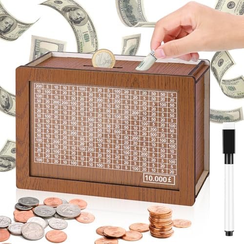 Kkluno Wooden Money Box, Wooden Money Saving Box, Cash Vault Wooden Savings Box, Cash Saver Box with Money Target and Numbers(£10000)