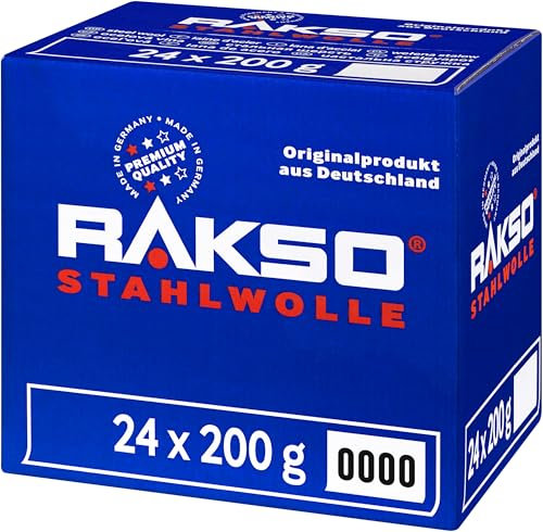 RAKSO Stahlwolle extrafein 0000-4,8 kg, 24 Banderolen à 200g, poliert gewachstes Holz, Kupfer, Messing, mattiert Oberflächen, säubert Glas