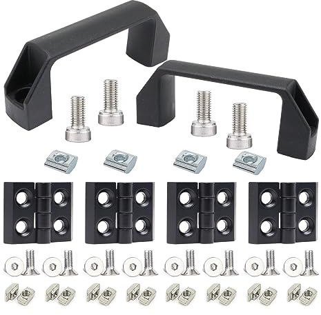 Türgriff und Türrahmenscharniere Set, 2 Sets, 20er Serie, Schwarz | Set für 20er T-Nut-Profile: 2 Alugriffe, 4 Scharniere sowie M5/M6-Schrauben und passende Nutensteine für die Montage.