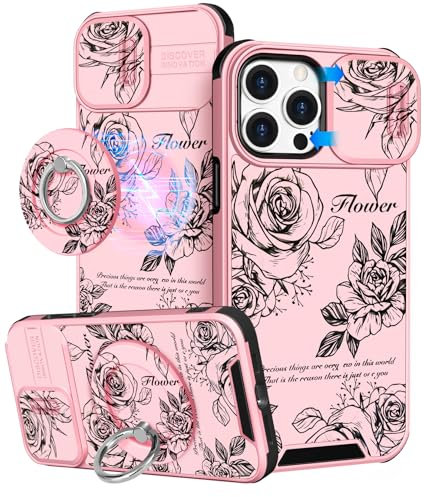 VincitoreModa for iPhone 14 Pro Case Women - [2in1] Cute Girls Roses Flowers Compatible with MagSafe Ring Stand Girly Slide Camera Cover Pretty Design for Apple for iPhone 14 Pro Phone Case 6.1