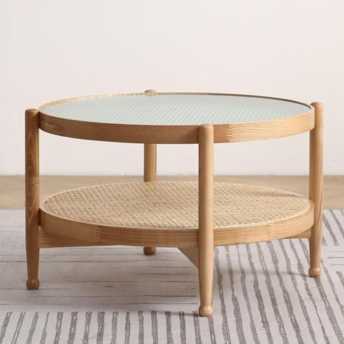 Locuetyn Runder Couchtisch mit Rattan-Ablage, 2-stöckig, Boho-Glasplatte, moderner Snack-Teetisch, Cocktailtisch, Sofatisch für Wohnzimmer, Schlafzimmer