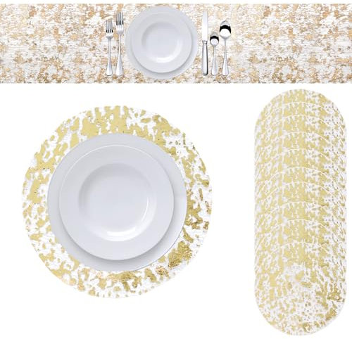 URROMA Mahlzeitenmatte, 11-teiliges Einweg-Tischset-Set, Goldfarbene Folie, Gitter, Tischl鋟fer mit Pailletten, Glitzerfolie, Metallic, Gold, d黱nes Netz, Tischdekoration