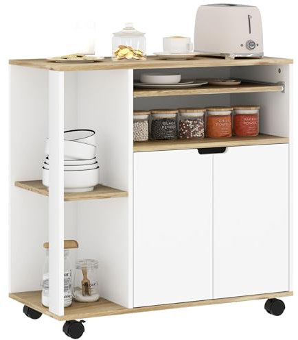 HOMCOM Küchenwagen Servierwagen mit Schrank, verschiebbaren und verstellbaren Einlegeböden, Rollwagen Küchenregal mit Arbeitsplatte, Rollen für Esszimmer, 80 x 40 x 82 cm, Weiß