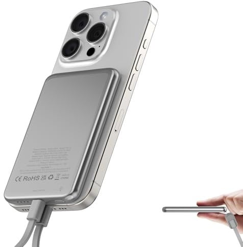 Magnetic Power Bank, Wireless Portable Charger 5000mAh, PD20W Fast Charging Powerbank for Magsafe, Slim USB C In&Out Phone Battery Pack with Lanyard Charging Cable For iPhone 16/15/14/13 Plus Pro Max