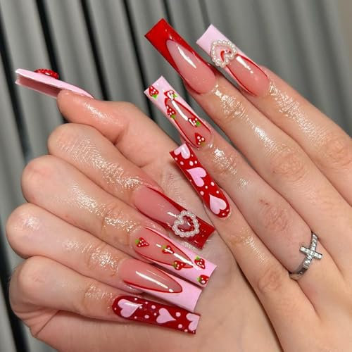 24pcs Long Coffin False Nails - Square Press on Nails with 3D Nail Charms - 12 Sizes Love Heart French Nails - Fake Nails with Glue - Full Cover Valentine's Day Stick on Nails for Women Girls Gift