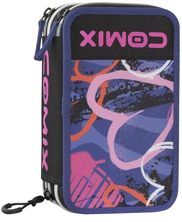COMIX WBS - Astuccio Scuola, Astuccio 3 Scomparti per Bambini, con Set Cancelleria Incluso, Cover Rigida con Maxi Logo in Rilievo e Tirazip in Metallo, 20 x 13h x 7 cm, Sprayheart