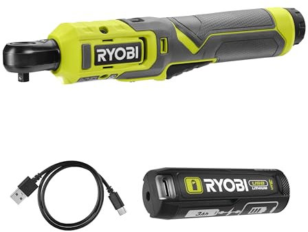 RYOBI - Clé à cliquet 4V USB Lithium - emmanchement carré 1/4’’ - 8 Nm Livrée avec câble USB-C + batterie 3Ah (utisable en tant que batterie externe)