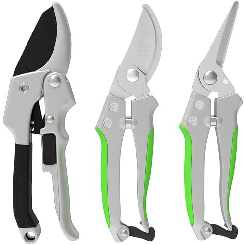 Outsunny Lot de 3 sécateurs de jardin, ensemble de coupe pour jardinage, sécateur à enclume, sécateur à bypass, cisaille, avec lame tranchante en métal, poignées en aluminium, argent, noir