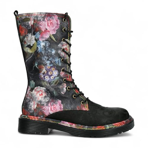 Laura Vita Women’s Incaso-18 Gothic Victorian Floral Leather Mid-Calf Combat Boots – Lace-Up Zip Closure