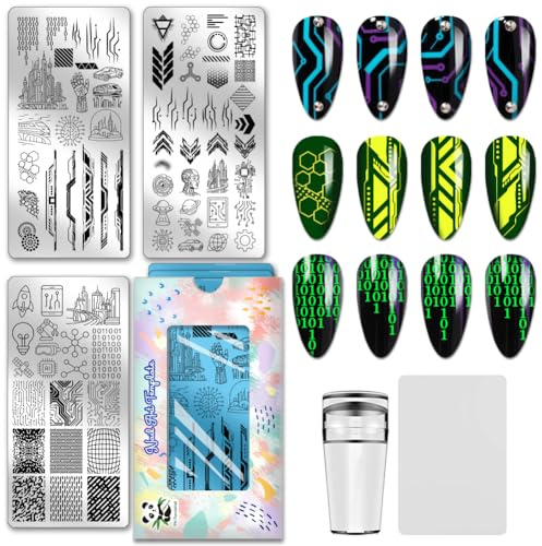 PH PandaHall 3pcs Sci-Fi Elements Nail Stamping Plates Punk City Nail Art Templates Sci-Fi Circuit Board Manicure Art Stencils Robotic Geometric Nails Design Stamp for Women Print Manicures Salon