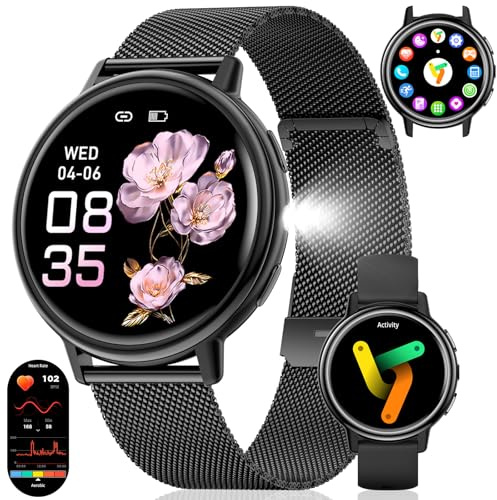 Women's Smartwatch with Torch, 1.26 Inch HD Display Fitness Watch for Women with Call Answering, Heart Rate/Sleep/SpO2 Monitor, IP68 Waterproof, 110+ Sports Modes, Smart Watch for iOS Android, Black
