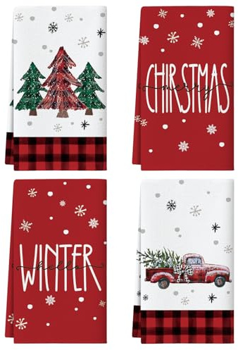 JOTOM 4er Set Weihnachten Geschirrtücher 45x65 cm, Mode Küchentücher Christmas Handtücher Weiche Mikrofasertücher für Badezimmer Küche Trockentücher Weihnachten Deko (Weihnachtsbaum LKW Rot)