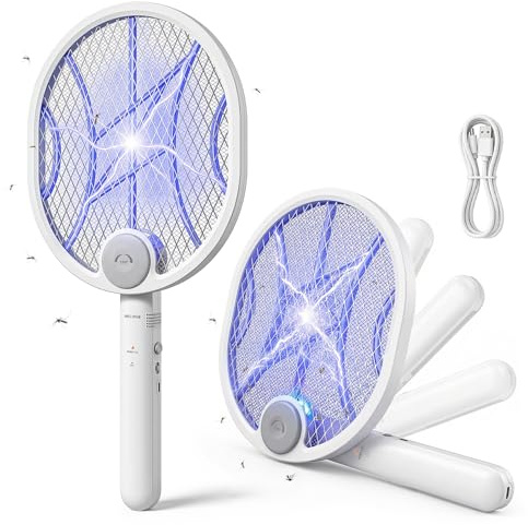 Electric Fly Swatter,4000V Electric Mosquito Swatter with 180-Degree Rotatable Head,Rechargeable 1500mAh Battery fly zapper, Portable Insect Killer for Home, Camping & Outdoor, Fly Zapper （White）