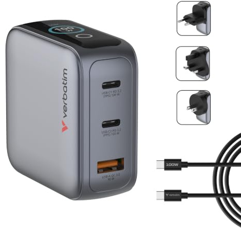 Verbatim Mini GaN Charger 100W 2X USB-C USB-A mit Display und Kabel | Schnellladegerät 3 Ports, Power Adapter 2× USB-C 1× USB-A, Mehrfachstecker für MacBook, iPad, iPhone 17, Samsung EU, UK, USA
