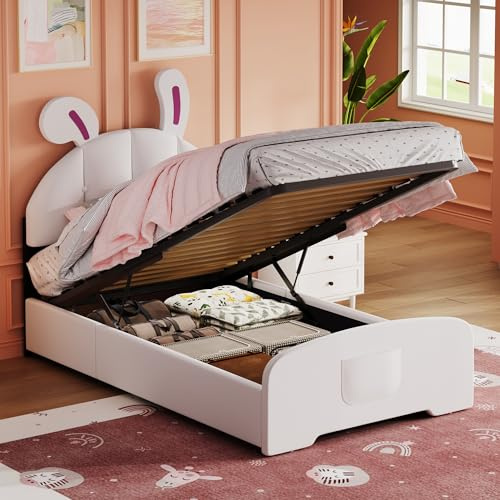 Besbed Single Upholstered Bed, Ottoman Storage Bed with Hydraulic & Side Pocket, 3FT Wooden Slats Frame with Rabbit Headboard, for Teenagers and Girls White, 90x190 cm (No Mattress)