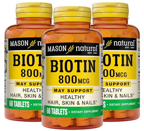 MASON NATURAL Biotin 800 mcg, Hair, Skin & Nail Health Support, High Potency Vitamin B7 Supplement, 60 Tablets (Pack of 3)
