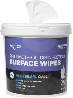 Zogics Antibacterial Surface and Gym Equipment Disinfecting Wipes (800 Wipes) + Reusable Wipe Bucket Dispenser