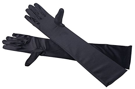 TRIXES Lange schwarze Damenhandschuhe aus Satin, Ellenbogenlänge, zum Anziehen, für Abend, Party, Finger