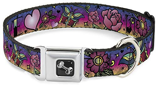 Dog Collar Seatbelt Buckle, Love Love Purple, 11 to 17 Inches, 1 Inch Wide